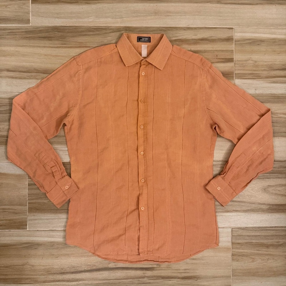 Vintage 90s Gianni Versace Couture Pintuck Striped Linen Shirt Peach IT 50 US L